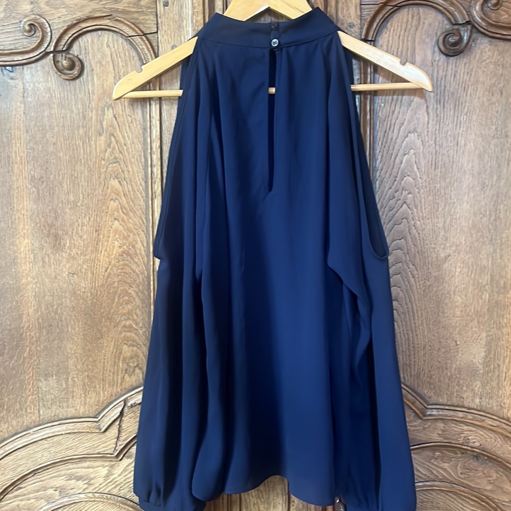 Three Eighty Two Navy Cold Shoulder Blouse - image 11